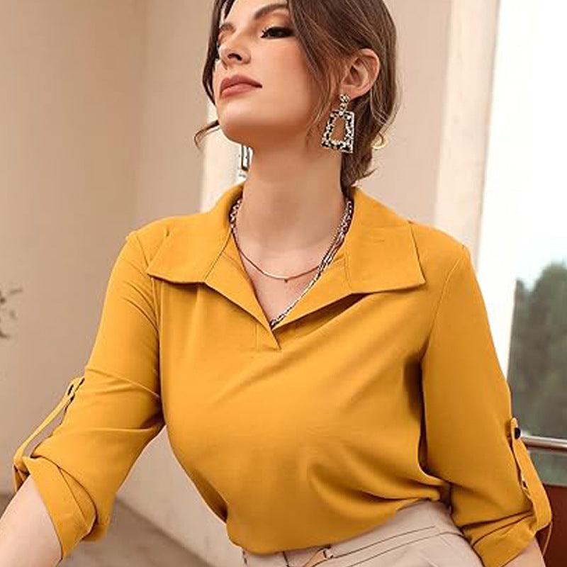 Polo Collar Casual Loose Three-quarter Sleeve Top