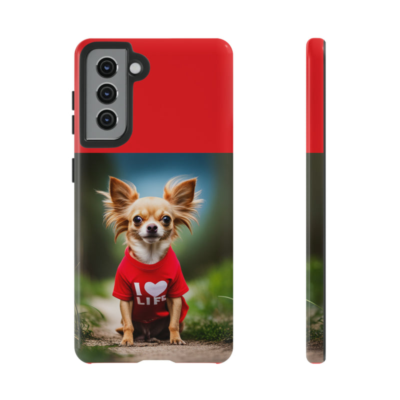 I Love Life Red Shirt Chihuahua Tough Cases. All iPhone 15, 14, 13, 12, 11, X, 8 , Google Pixel 7, 6, 5, Samsung Galaxy 23, 22, 21, 20, 10