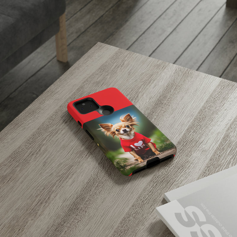 I Love Life Red Shirt Chihuahua Tough Cases. All iPhone 15, 14, 13, 12, 11, X, 8 , Google Pixel 7, 6, 5, Samsung Galaxy 23, 22, 21, 20, 10