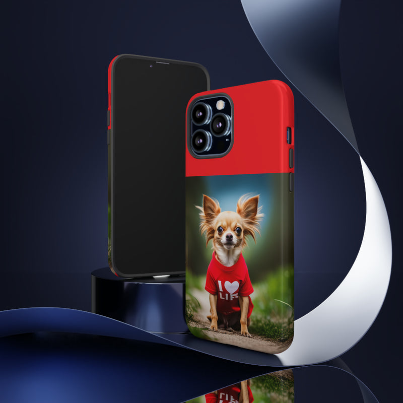 I Love Life Red Shirt Chihuahua Tough Cases. All iPhone 15, 14, 13, 12, 11, X, 8 , Google Pixel 7, 6, 5, Samsung Galaxy 23, 22, 21, 20, 10