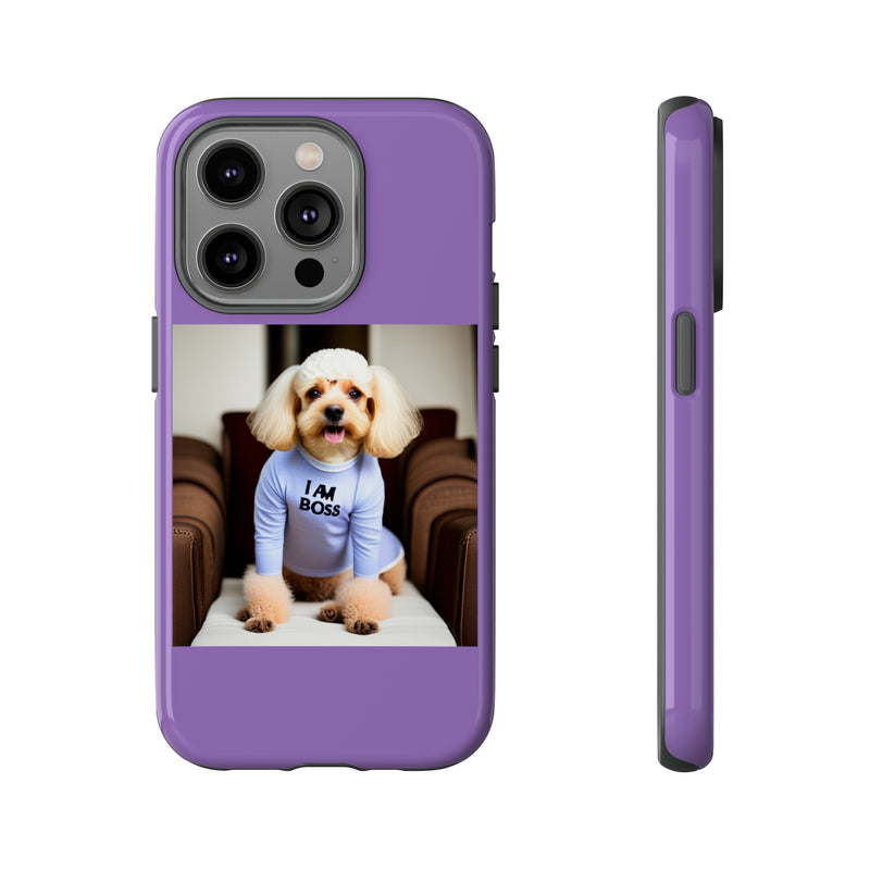 I Am Boss Dog  Purple Tough Cases. All iPhone 15, 14, 13, 12, 11, X, 8 , Google Pixel 7, 6, 5, Samsung Galaxy 23, 22, 21, 20, 10