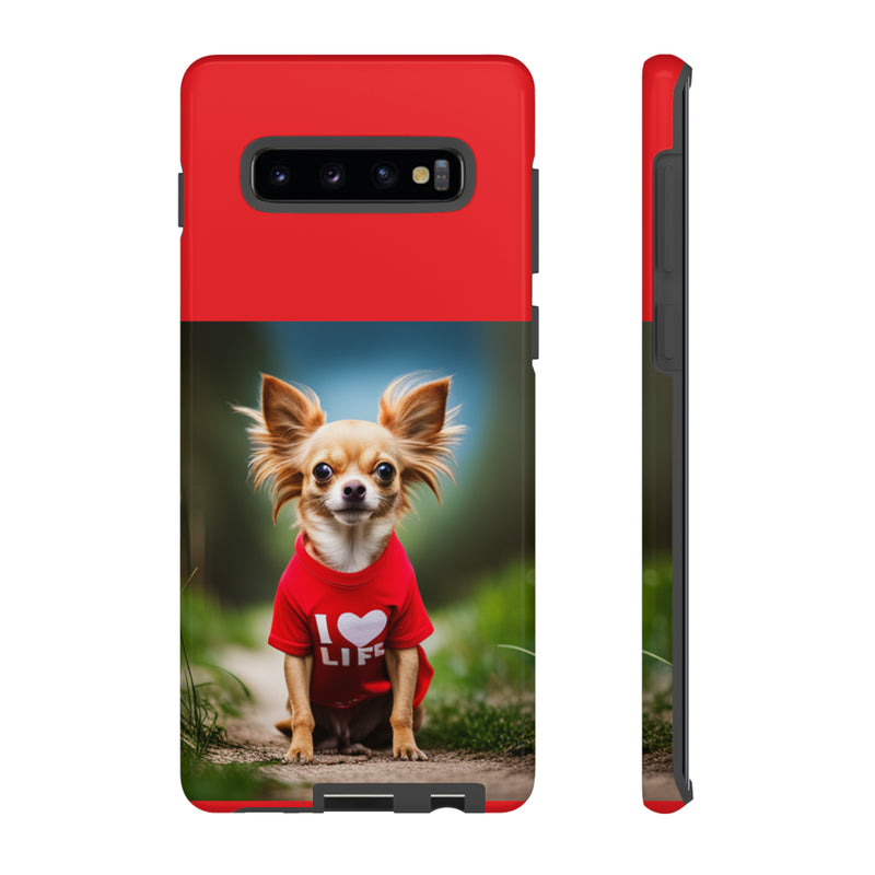 I Love Life Red Shirt Chihuahua Tough Cases. All iPhone 15, 14, 13, 12, 11, X, 8 , Google Pixel 7, 6, 5, Samsung Galaxy 23, 22, 21, 20, 10