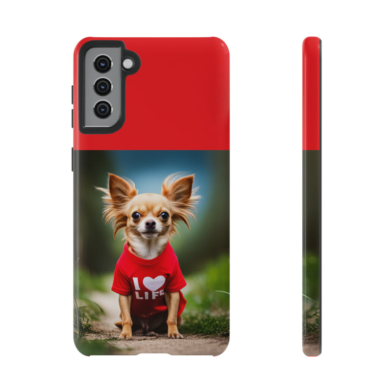 I Love Life Red Shirt Chihuahua Tough Cases. All iPhone 15, 14, 13, 12, 11, X, 8 , Google Pixel 7, 6, 5, Samsung Galaxy 23, 22, 21, 20, 10