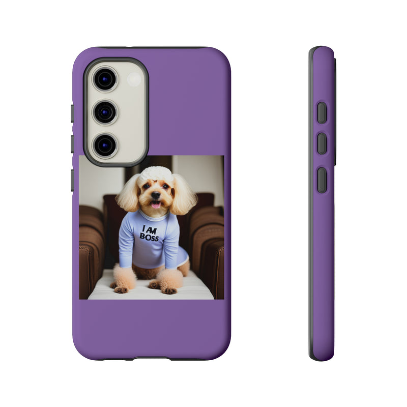 I Am Boss Dog  Purple Tough Cases. All iPhone 15, 14, 13, 12, 11, X, 8 , Google Pixel 7, 6, 5, Samsung Galaxy 23, 22, 21, 20, 10