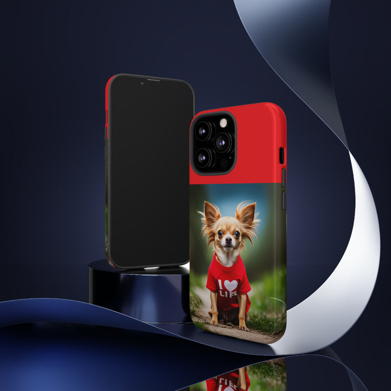 I Love Life Red Shirt Chihuahua Tough Cases. All iPhone 15, 14, 13, 12, 11, X, 8 , Google Pixel 7, 6, 5, Samsung Galaxy 23, 22, 21, 20, 10