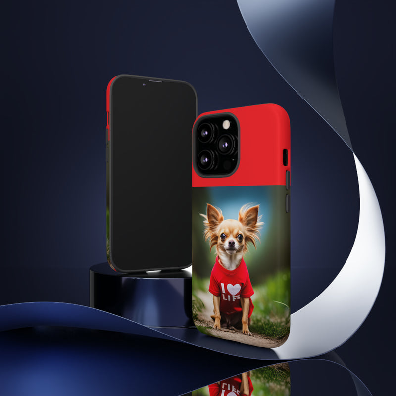 I Love Life Red Shirt Chihuahua Tough Cases. All iPhone 15, 14, 13, 12, 11, X, 8 , Google Pixel 7, 6, 5, Samsung Galaxy 23, 22, 21, 20, 10