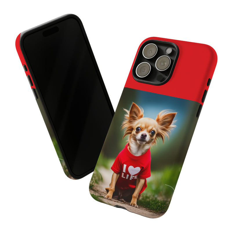 I Love Life Red Shirt Chihuahua Tough Cases. All iPhone 15, 14, 13, 12, 11, X, 8 , Google Pixel 7, 6, 5, Samsung Galaxy 23, 22, 21, 20, 10