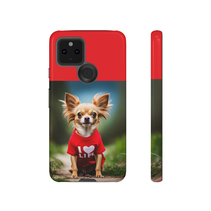 I Love Life Red Shirt Chihuahua Tough Cases. All iPhone 15, 14, 13, 12, 11, X, 8 , Google Pixel 7, 6, 5, Samsung Galaxy 23, 22, 21, 20, 10