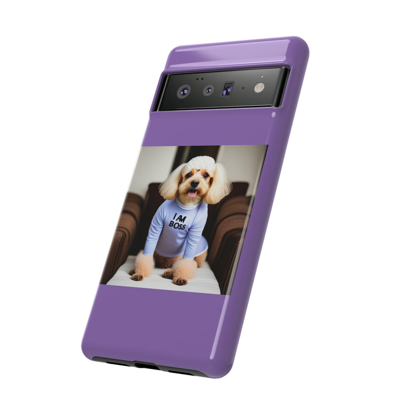 I Am Boss Dog  Purple Tough Cases. All iPhone 15, 14, 13, 12, 11, X, 8 , Google Pixel 7, 6, 5, Samsung Galaxy 23, 22, 21, 20, 10