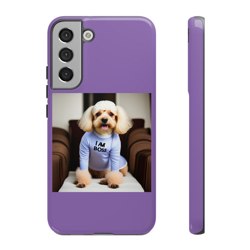 I Am Boss Dog  Purple Tough Cases. All iPhone 15, 14, 13, 12, 11, X, 8 , Google Pixel 7, 6, 5, Samsung Galaxy 23, 22, 21, 20, 10