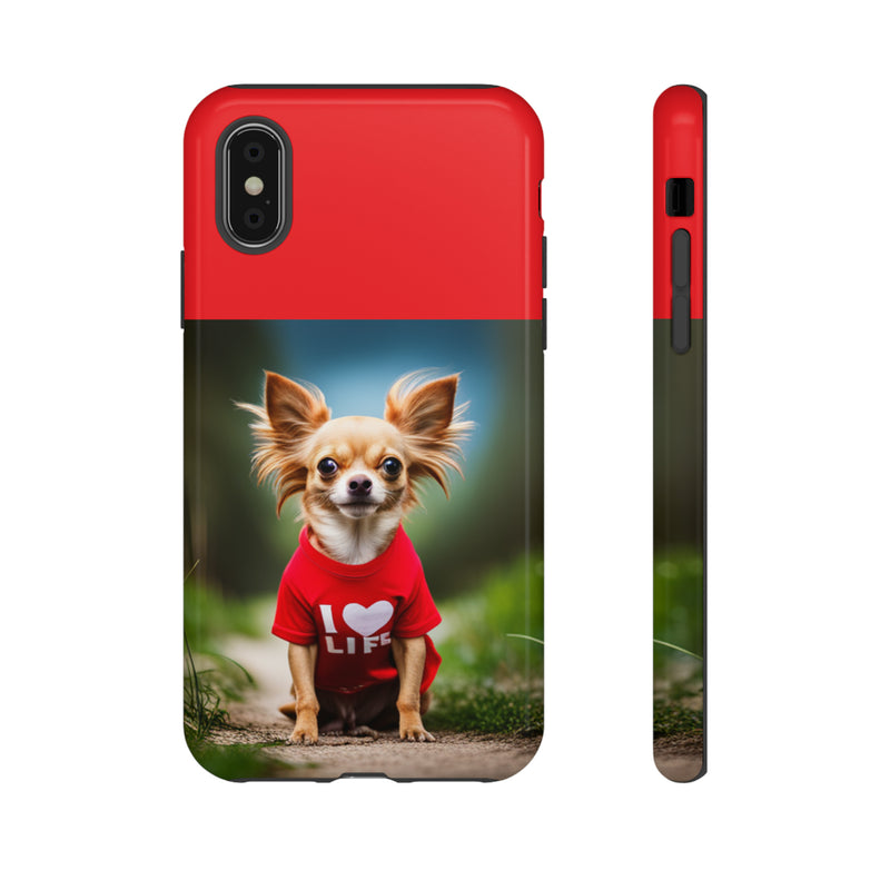 I Love Life Red Shirt Chihuahua Tough Cases. All iPhone 15, 14, 13, 12, 11, X, 8 , Google Pixel 7, 6, 5, Samsung Galaxy 23, 22, 21, 20, 10