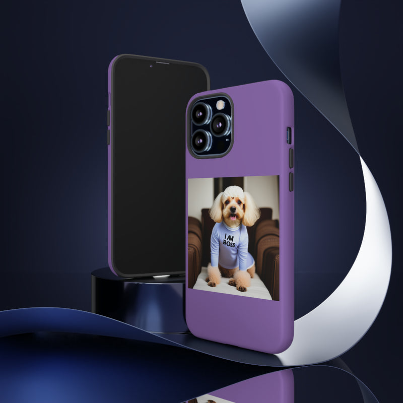 I Am Boss Dog  Purple Tough Cases. All iPhone 15, 14, 13, 12, 11, X, 8 , Google Pixel 7, 6, 5, Samsung Galaxy 23, 22, 21, 20, 10