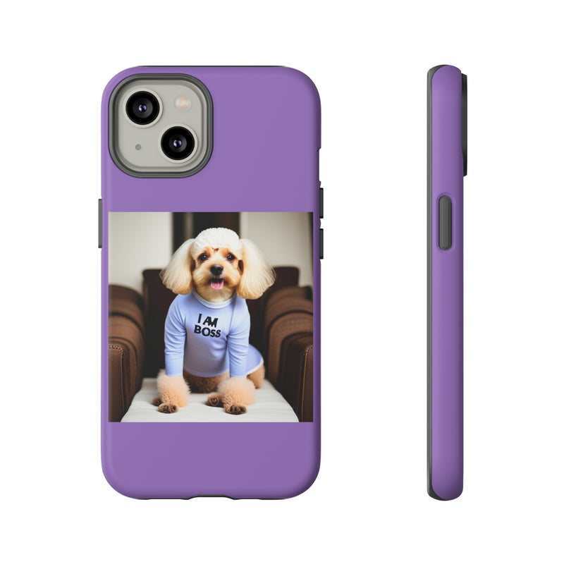 I Am Boss Dog  Purple Tough Cases. All iPhone 15, 14, 13, 12, 11, X, 8 , Google Pixel 7, 6, 5, Samsung Galaxy 23, 22, 21, 20, 10