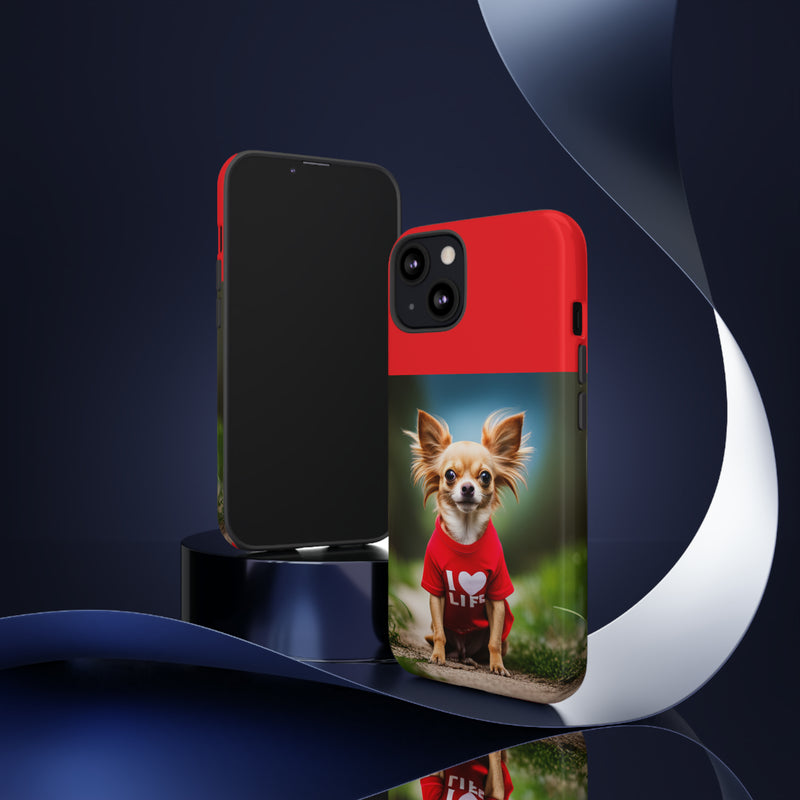 I Love Life Red Shirt Chihuahua Tough Cases. All iPhone 15, 14, 13, 12, 11, X, 8 , Google Pixel 7, 6, 5, Samsung Galaxy 23, 22, 21, 20, 10