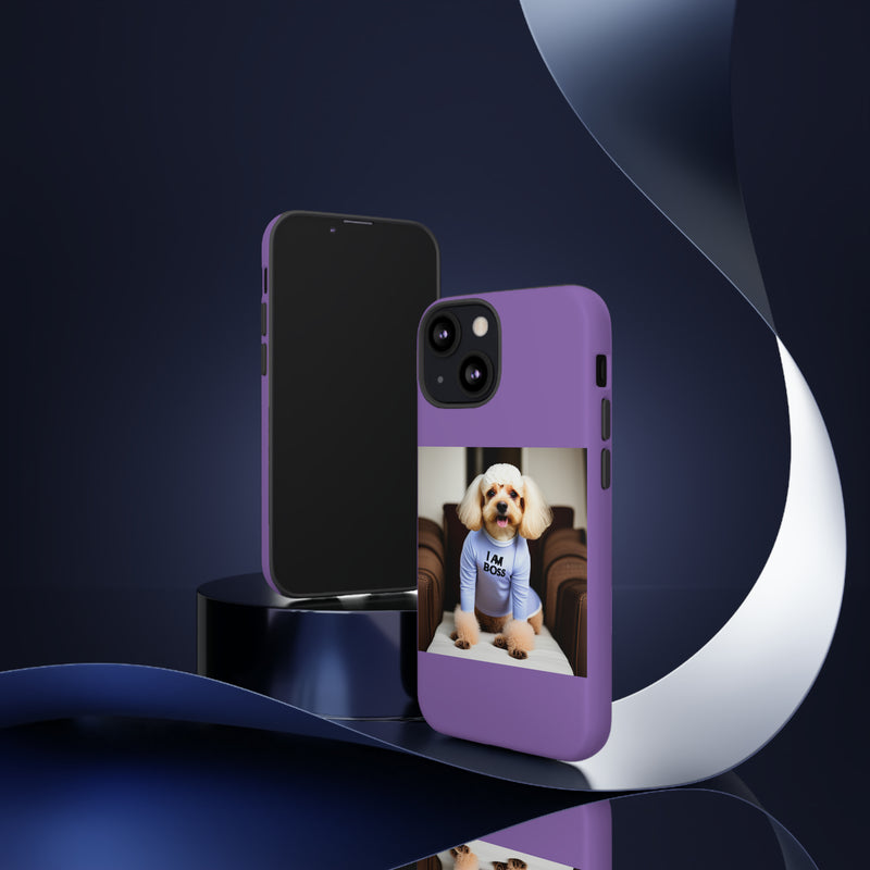 I Am Boss Dog  Purple Tough Cases. All iPhone 15, 14, 13, 12, 11, X, 8 , Google Pixel 7, 6, 5, Samsung Galaxy 23, 22, 21, 20, 10