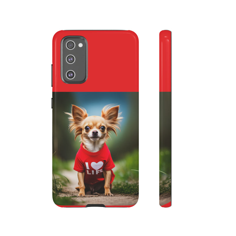 I Love Life Red Shirt Chihuahua Tough Cases. All iPhone 15, 14, 13, 12, 11, X, 8 , Google Pixel 7, 6, 5, Samsung Galaxy 23, 22, 21, 20, 10