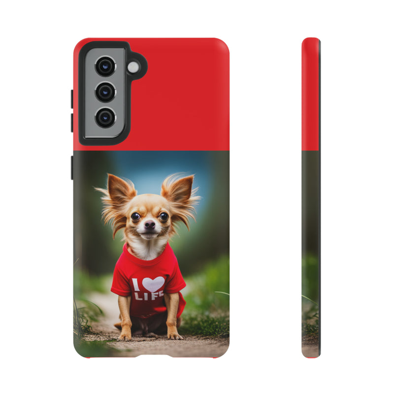 I Love Life Red Shirt Chihuahua Tough Cases. All iPhone 15, 14, 13, 12, 11, X, 8 , Google Pixel 7, 6, 5, Samsung Galaxy 23, 22, 21, 20, 10