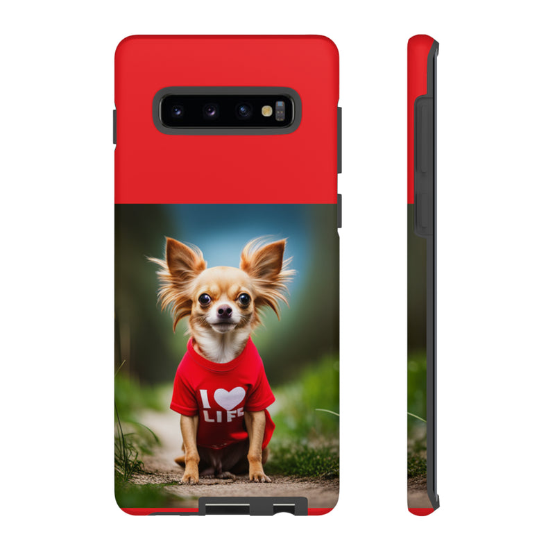 I Love Life Red Shirt Chihuahua Tough Cases. All iPhone 15, 14, 13, 12, 11, X, 8 , Google Pixel 7, 6, 5, Samsung Galaxy 23, 22, 21, 20, 10