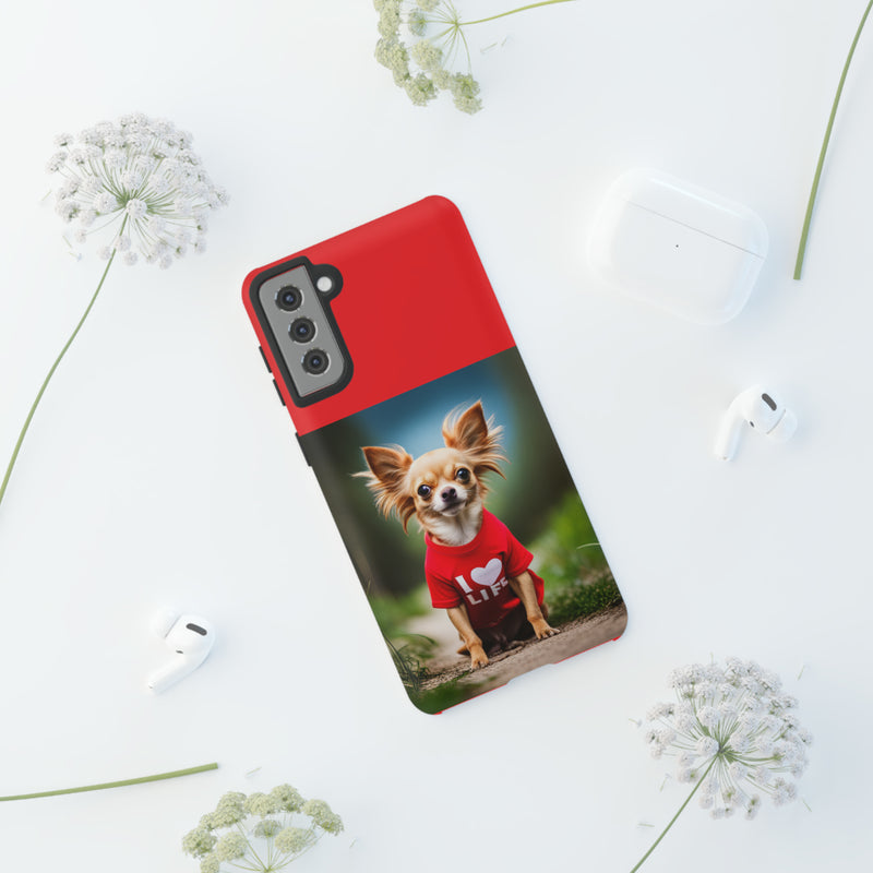 I Love Life Red Shirt Chihuahua Tough Cases. All iPhone 15, 14, 13, 12, 11, X, 8 , Google Pixel 7, 6, 5, Samsung Galaxy 23, 22, 21, 20, 10