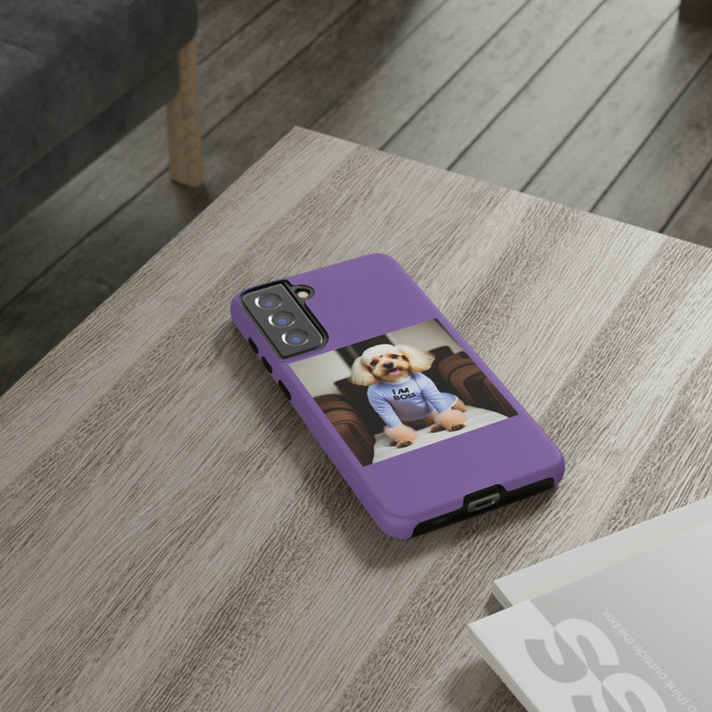 I Am Boss Dog  Purple Tough Cases. All iPhone 15, 14, 13, 12, 11, X, 8 , Google Pixel 7, 6, 5, Samsung Galaxy 23, 22, 21, 20, 10