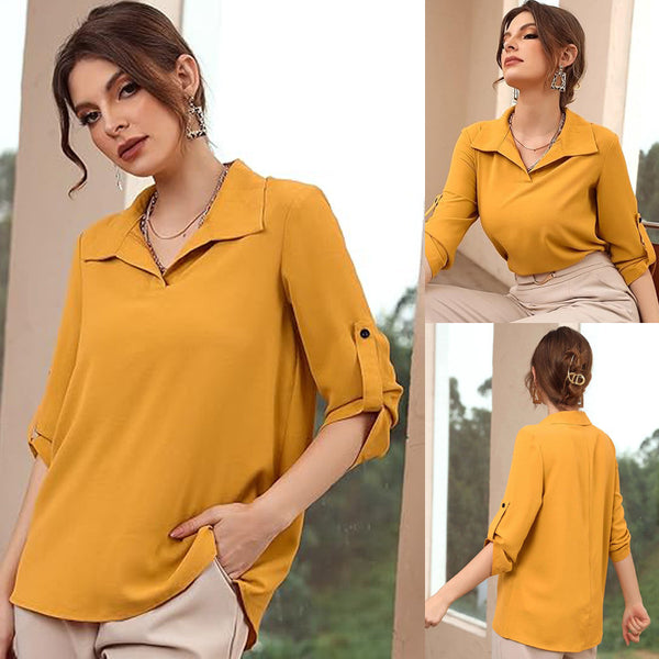 Polo Collar Casual Loose Three-quarter Sleeve Top