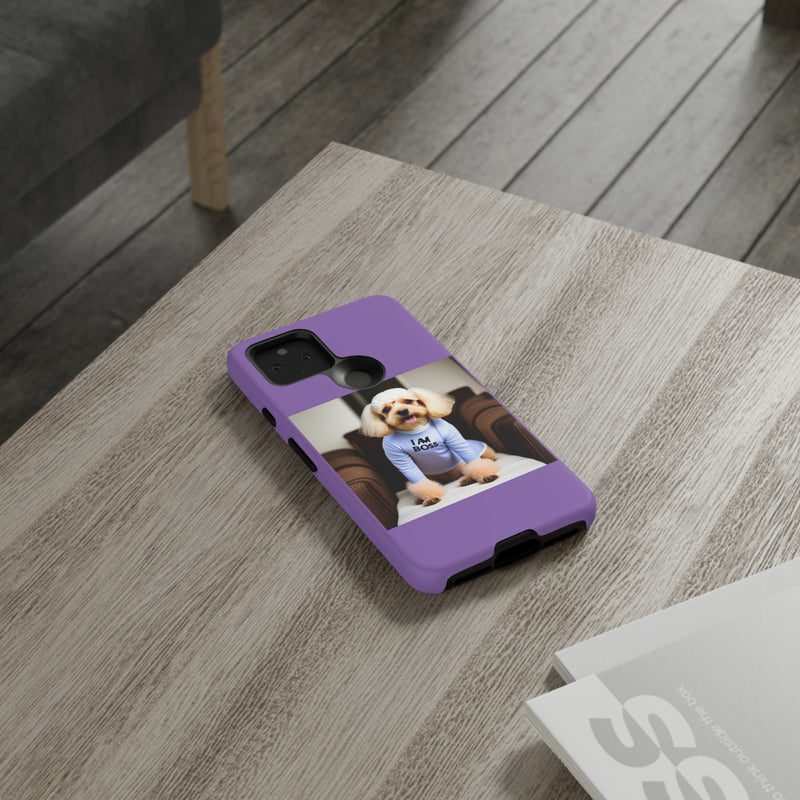 I Am Boss Dog  Purple Tough Cases. All iPhone 15, 14, 13, 12, 11, X, 8 , Google Pixel 7, 6, 5, Samsung Galaxy 23, 22, 21, 20, 10