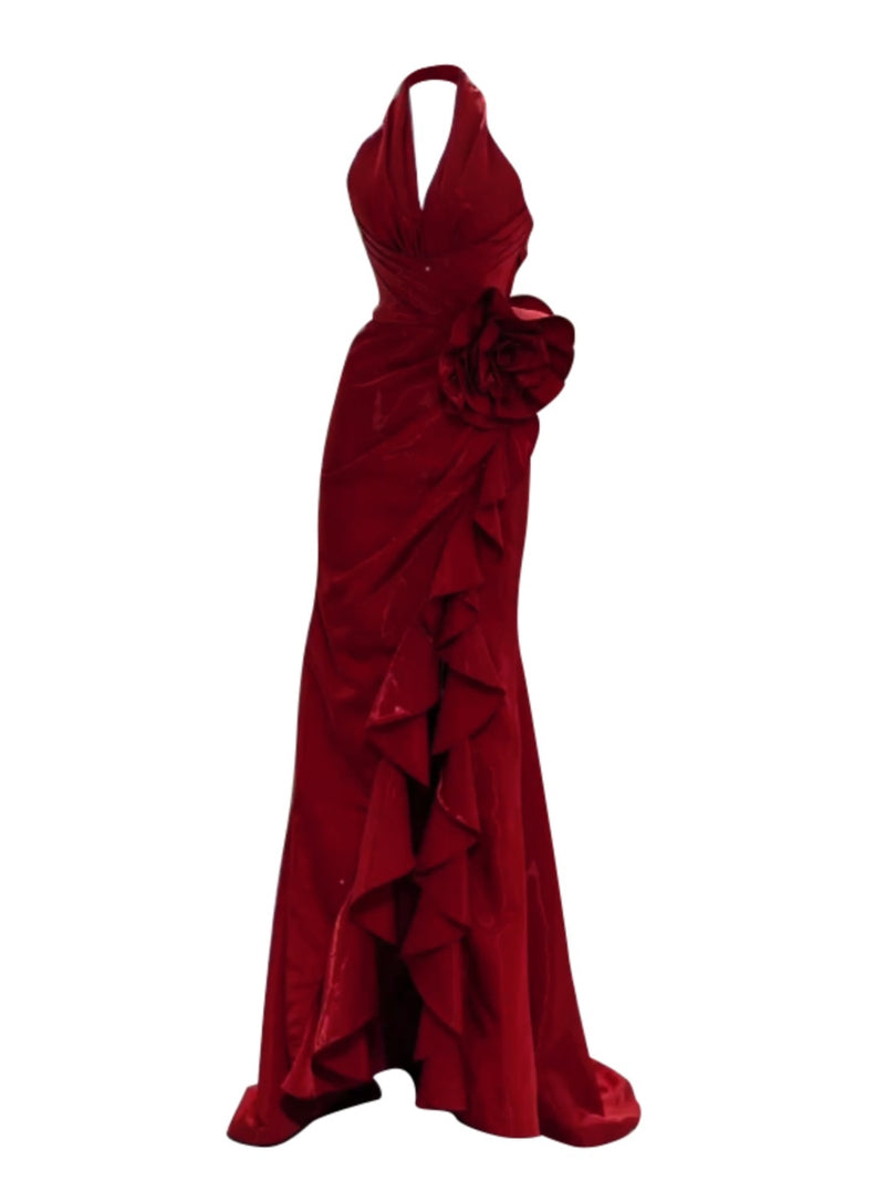 Socialite Style Wine Red Elegant Halter Bride Wedding Toast Dress