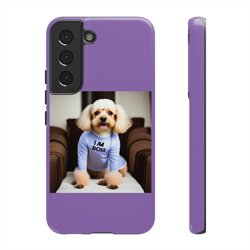 I Am Boss Dog  Purple Tough Cases. All iPhone 15, 14, 13, 12, 11, X, 8 , Google Pixel 7, 6, 5, Samsung Galaxy 23, 22, 21, 20, 10