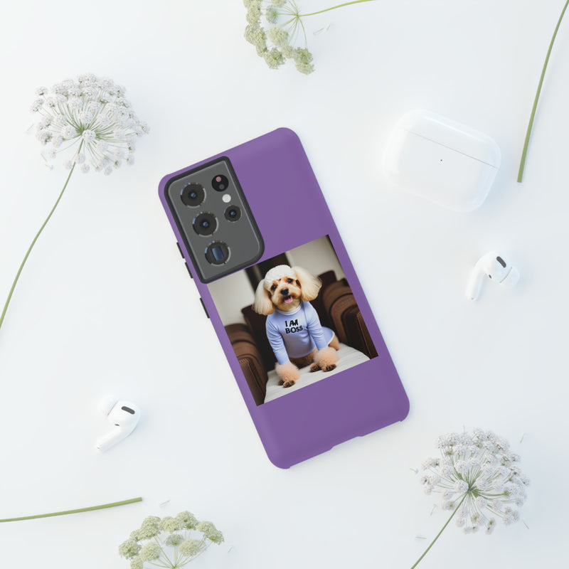 I Am Boss Dog  Purple Tough Cases. All iPhone 15, 14, 13, 12, 11, X, 8 , Google Pixel 7, 6, 5, Samsung Galaxy 23, 22, 21, 20, 10