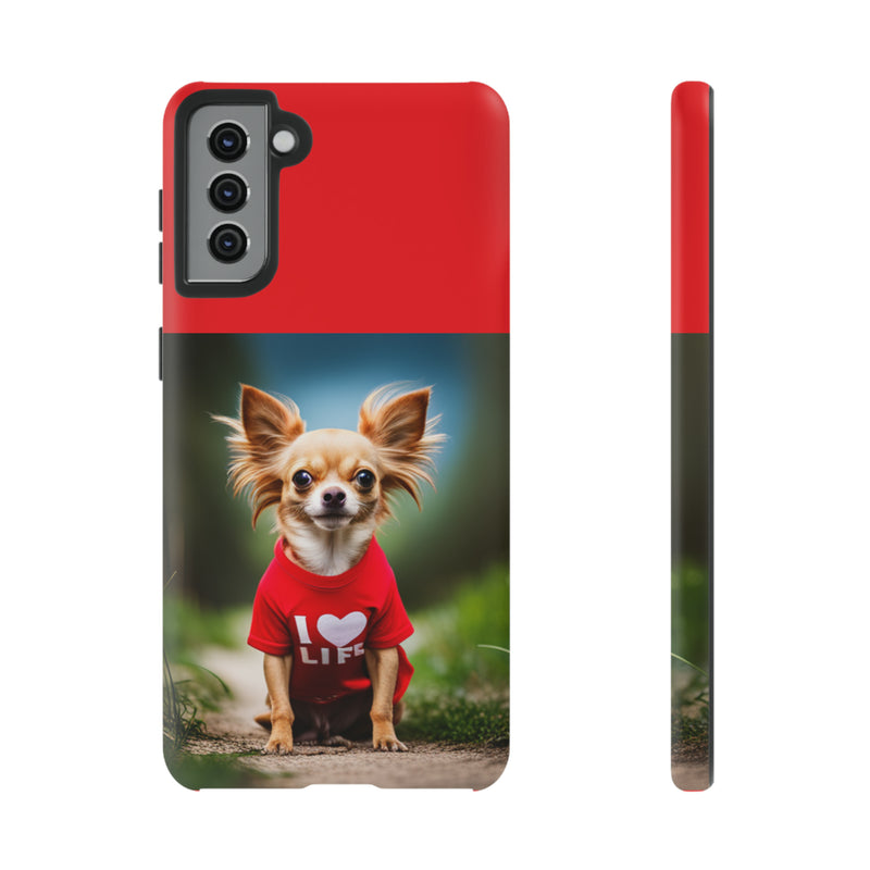 I Love Life Red Shirt Chihuahua Tough Cases. All iPhone 15, 14, 13, 12, 11, X, 8 , Google Pixel 7, 6, 5, Samsung Galaxy 23, 22, 21, 20, 10