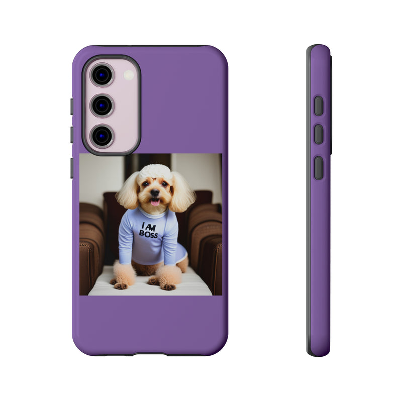 I Am Boss Dog  Purple Tough Cases. All iPhone 15, 14, 13, 12, 11, X, 8 , Google Pixel 7, 6, 5, Samsung Galaxy 23, 22, 21, 20, 10