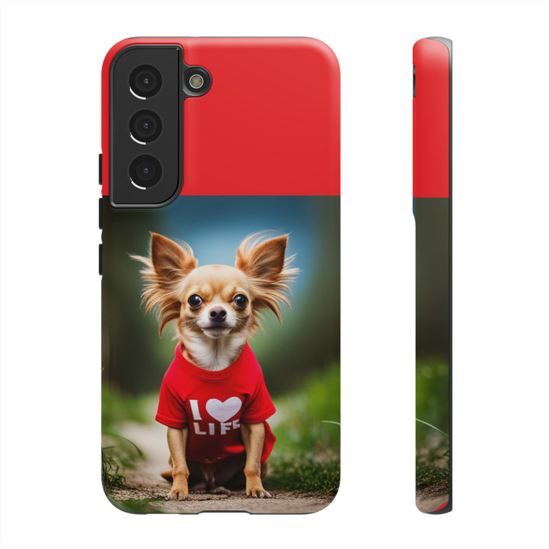 I Love Life Red Shirt Chihuahua Tough Cases. All iPhone 15, 14, 13, 12, 11, X, 8 , Google Pixel 7, 6, 5, Samsung Galaxy 23, 22, 21, 20, 10