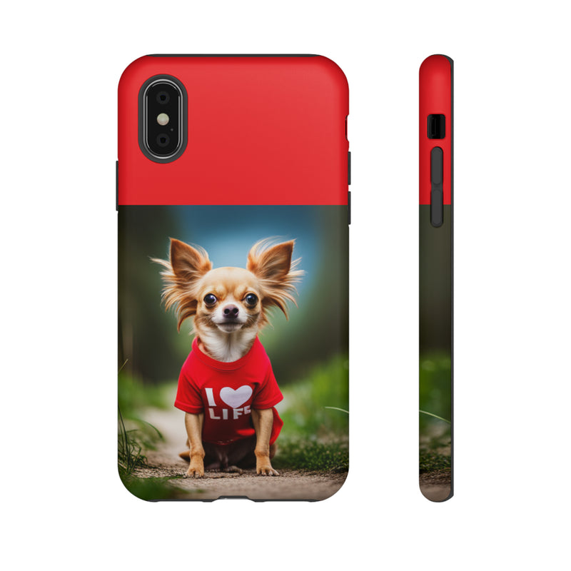 I Love Life Red Shirt Chihuahua Tough Cases. All iPhone 15, 14, 13, 12, 11, X, 8 , Google Pixel 7, 6, 5, Samsung Galaxy 23, 22, 21, 20, 10