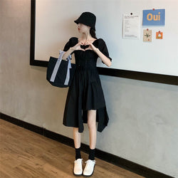 Bubble Sleeve Waist Cinching Irregular Dress