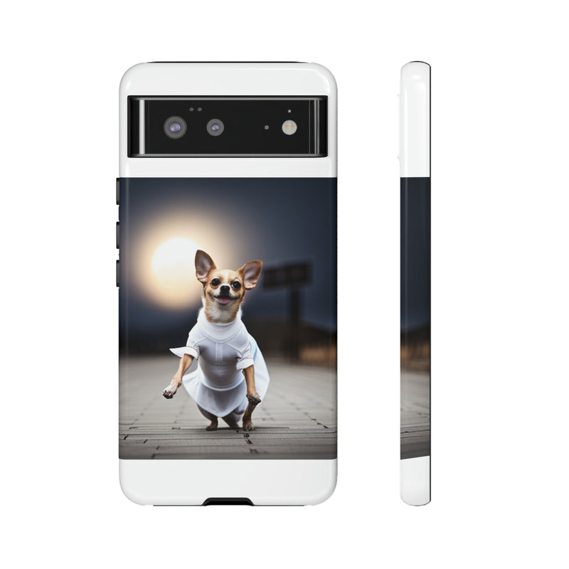 Cute White Dress Chihuahua Tough Cases. All iPhone 15, 14, 13, 12, 11, X, 8 , Google Pixel 7, 6, 5, Samsung Galaxy 23, 22, 21, 20, 10