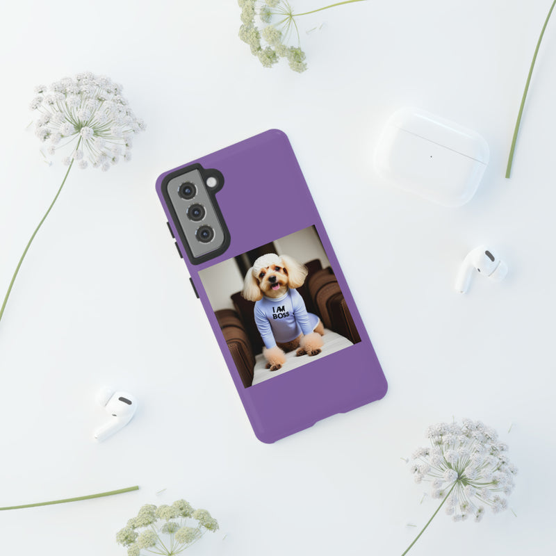 I Am Boss Dog  Purple Tough Cases. All iPhone 15, 14, 13, 12, 11, X, 8 , Google Pixel 7, 6, 5, Samsung Galaxy 23, 22, 21, 20, 10