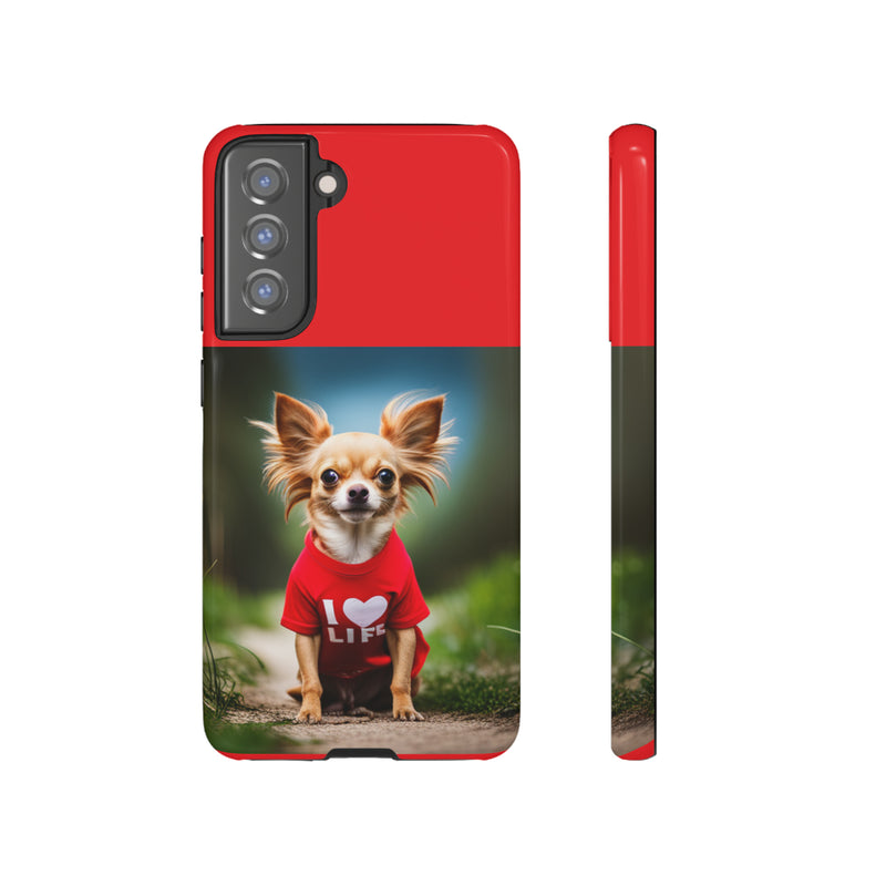 I Love Life Red Shirt Chihuahua Tough Cases. All iPhone 15, 14, 13, 12, 11, X, 8 , Google Pixel 7, 6, 5, Samsung Galaxy 23, 22, 21, 20, 10