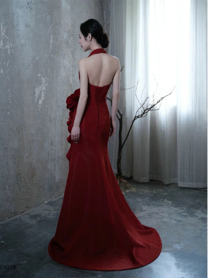 Socialite Style Wine Red Elegant Halter Bride Wedding Toast Dress