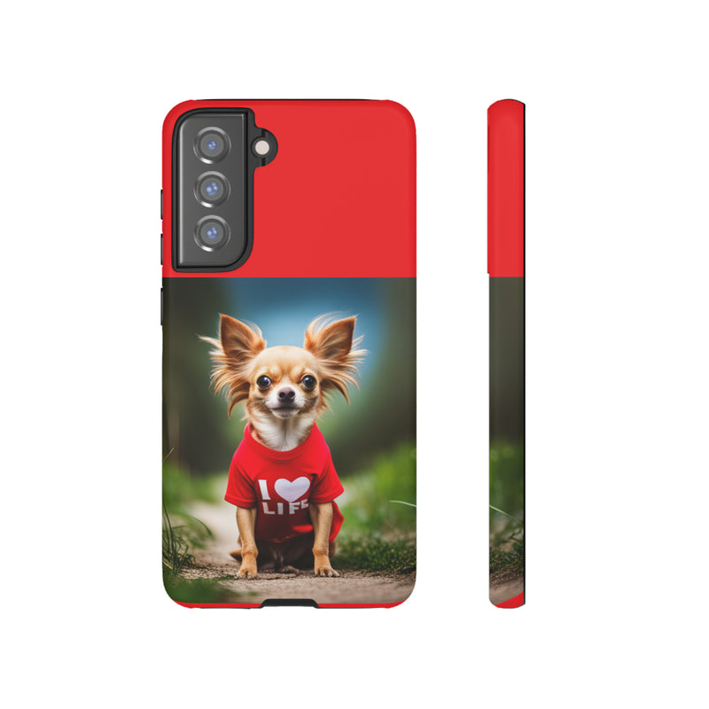 I Love Life Red Shirt Chihuahua Tough Cases. All iPhone 15, 14, 13, 12, 11, X, 8 , Google Pixel 7, 6, 5, Samsung Galaxy 23, 22, 21, 20, 10