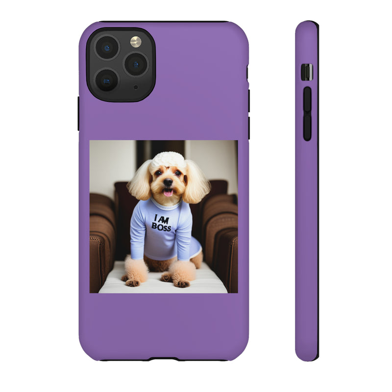 I Am Boss Dog  Purple Tough Cases. All iPhone 15, 14, 13, 12, 11, X, 8 , Google Pixel 7, 6, 5, Samsung Galaxy 23, 22, 21, 20, 10