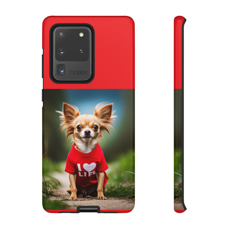 I Love Life Red Shirt Chihuahua Tough Cases. All iPhone 15, 14, 13, 12, 11, X, 8 , Google Pixel 7, 6, 5, Samsung Galaxy 23, 22, 21, 20, 10