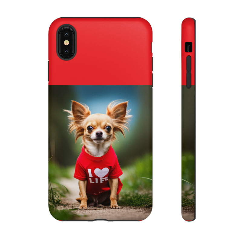 I Love Life Red Shirt Chihuahua Tough Cases. All iPhone 15, 14, 13, 12, 11, X, 8 , Google Pixel 7, 6, 5, Samsung Galaxy 23, 22, 21, 20, 10