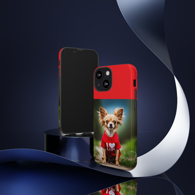 I Love Life Red Shirt Chihuahua Tough Cases. All iPhone 15, 14, 13, 12, 11, X, 8 , Google Pixel 7, 6, 5, Samsung Galaxy 23, 22, 21, 20, 10