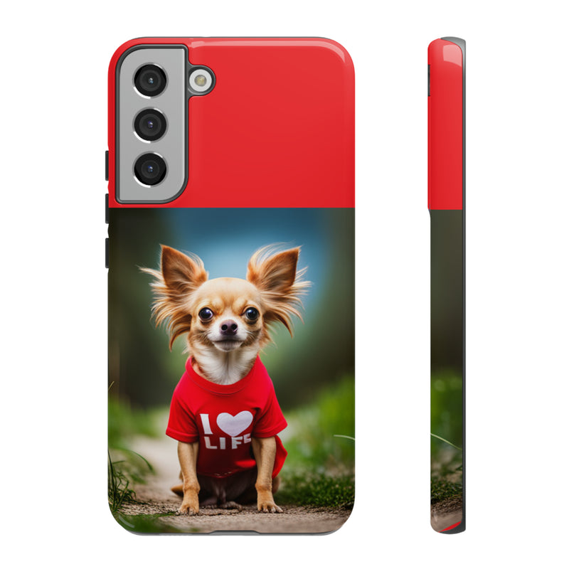 I Love Life Red Shirt Chihuahua Tough Cases. All iPhone 15, 14, 13, 12, 11, X, 8 , Google Pixel 7, 6, 5, Samsung Galaxy 23, 22, 21, 20, 10