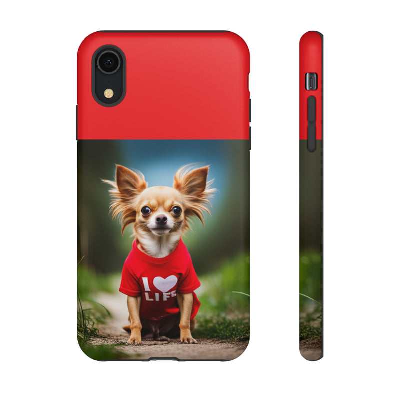 I Love Life Red Shirt Chihuahua Tough Cases. All iPhone 15, 14, 13, 12, 11, X, 8 , Google Pixel 7, 6, 5, Samsung Galaxy 23, 22, 21, 20, 10