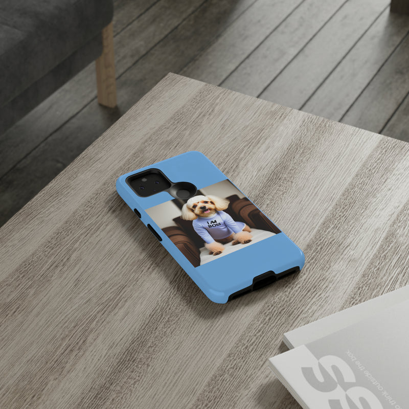 I Am Boss Dog Blue Tough Cases. All iPhone 15, 14, 13, 12, 11, X, 8 , Google Pixel 7, 6, 5, Samsung Galaxy 23, 22, 21, 20, 10