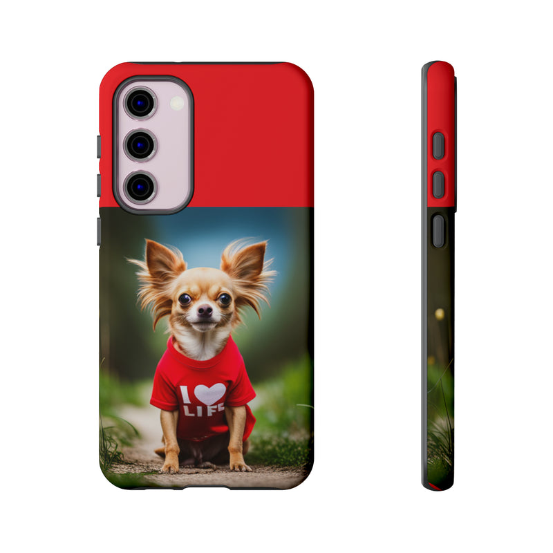 I Love Life Red Shirt Chihuahua Tough Cases. All iPhone 15, 14, 13, 12, 11, X, 8 , Google Pixel 7, 6, 5, Samsung Galaxy 23, 22, 21, 20, 10