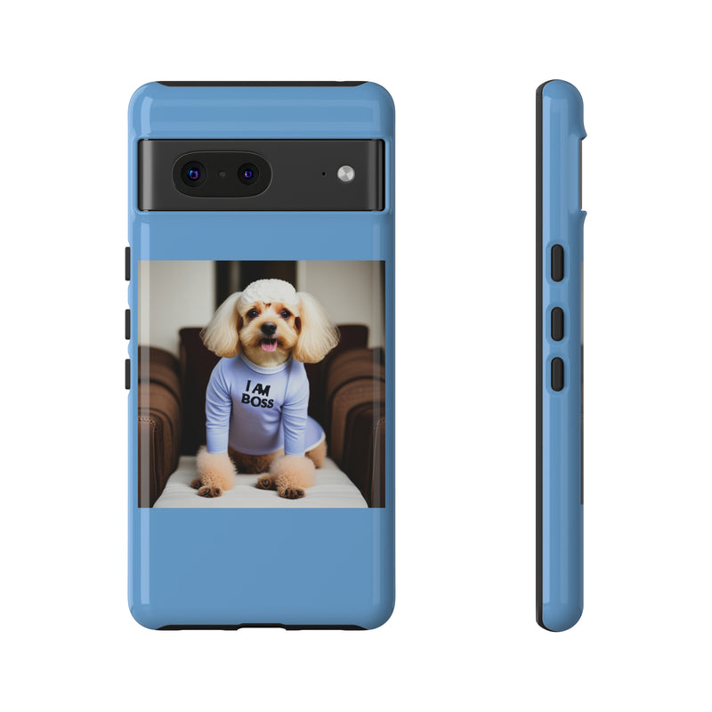 I Am Boss Dog Blue Tough Cases. All iPhone 15, 14, 13, 12, 11, X, 8 , Google Pixel 7, 6, 5, Samsung Galaxy 23, 22, 21, 20, 10