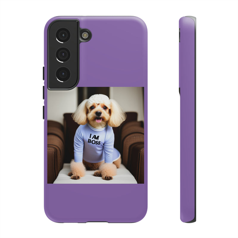 I Am Boss Dog  Purple Tough Cases. All iPhone 15, 14, 13, 12, 11, X, 8 , Google Pixel 7, 6, 5, Samsung Galaxy 23, 22, 21, 20, 10