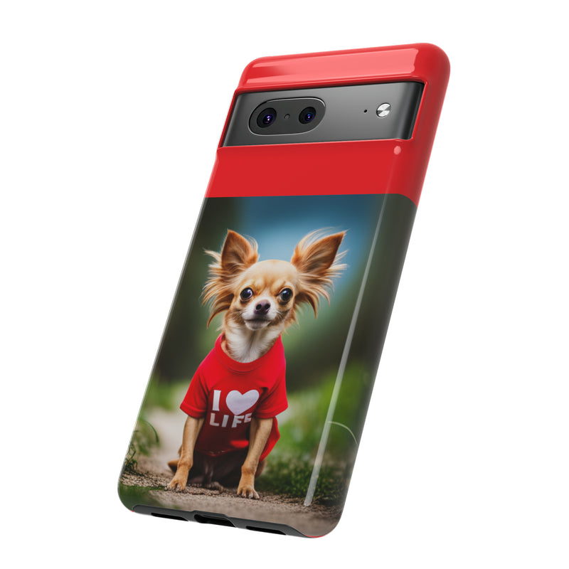 I Love Life Red Shirt Chihuahua Tough Cases. All iPhone 15, 14, 13, 12, 11, X, 8 , Google Pixel 7, 6, 5, Samsung Galaxy 23, 22, 21, 20, 10